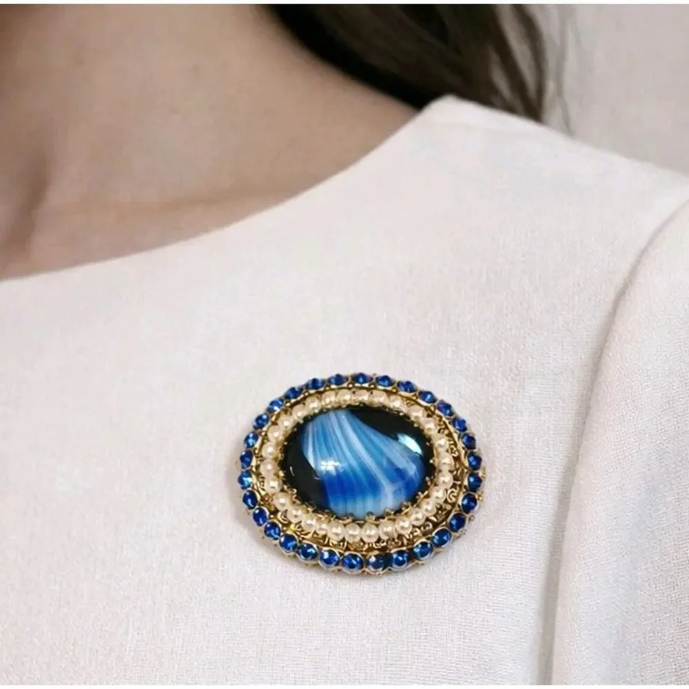 Stunning Blue Slag Glass Brooch Pin Rhinestones 2